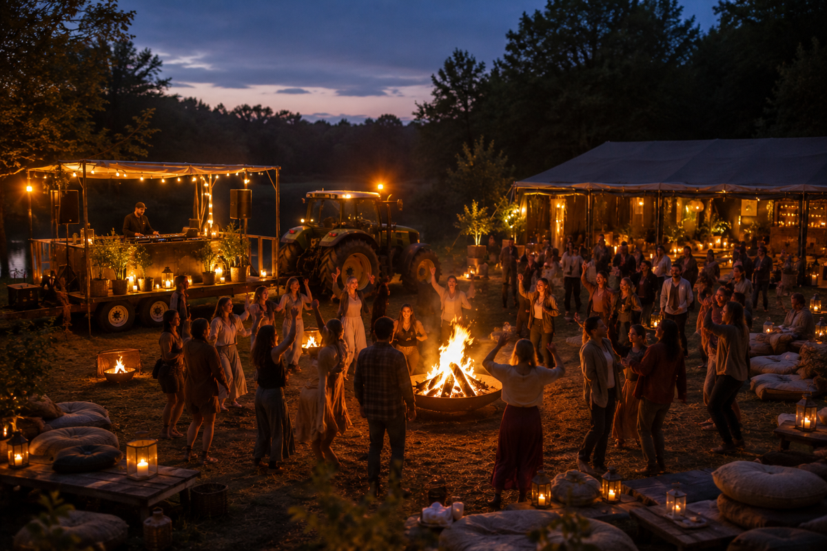 Guests gathered around a fire at dusk during The Shift — an evening of movement, music and connection